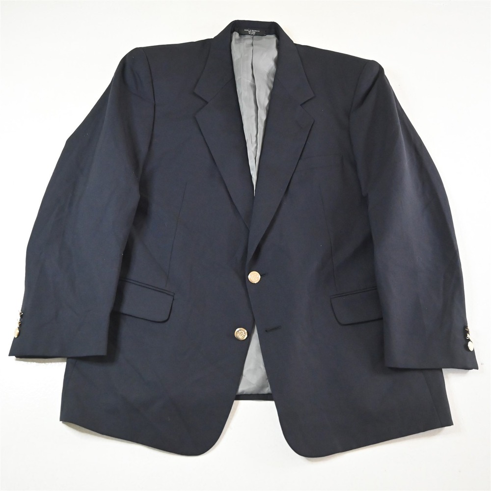 Andre Vachon 46R Navy Blue 100% Wool Gold Button Mens Blazer Jacket Sport Coat